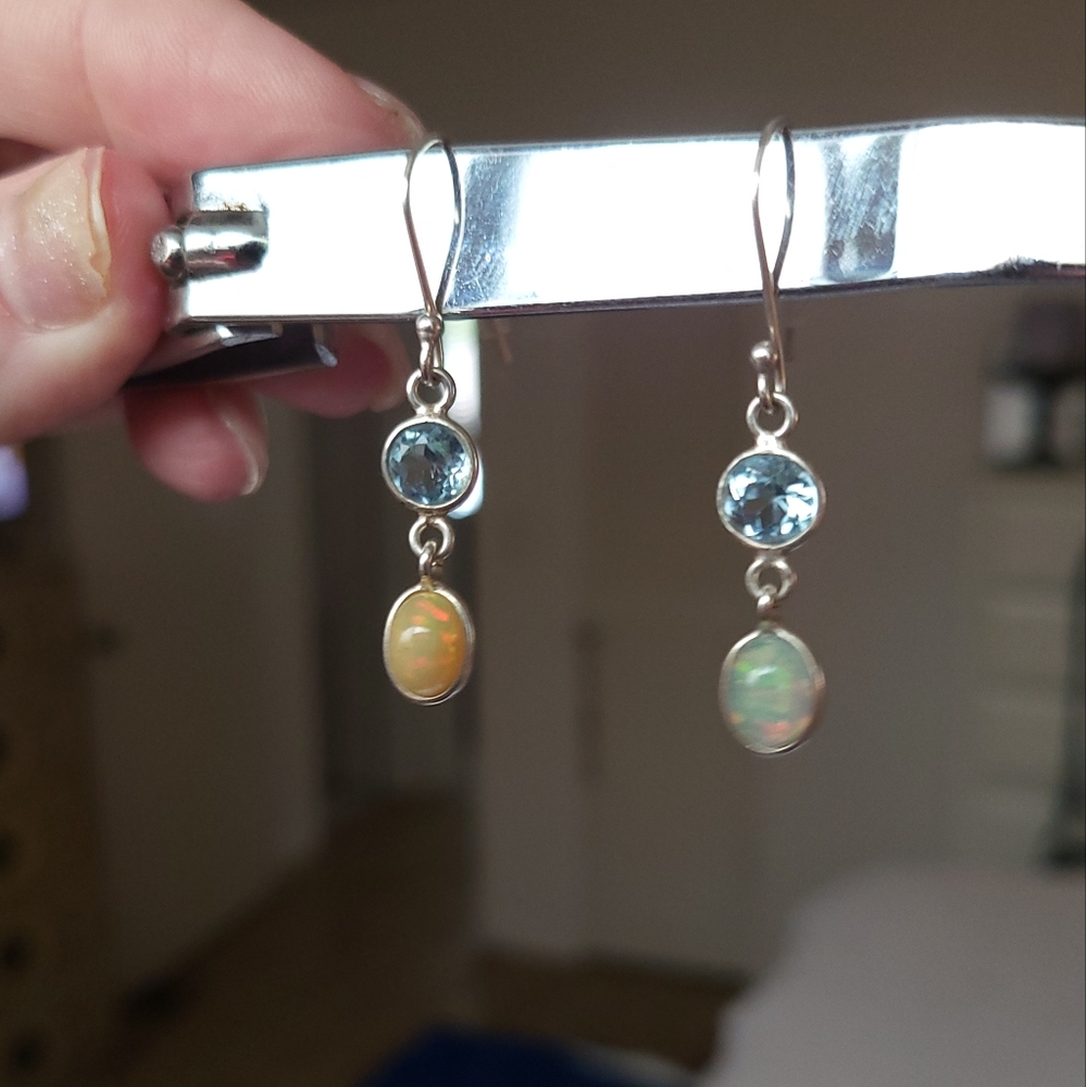 Vintage Blue Topaz and Opal Earrings